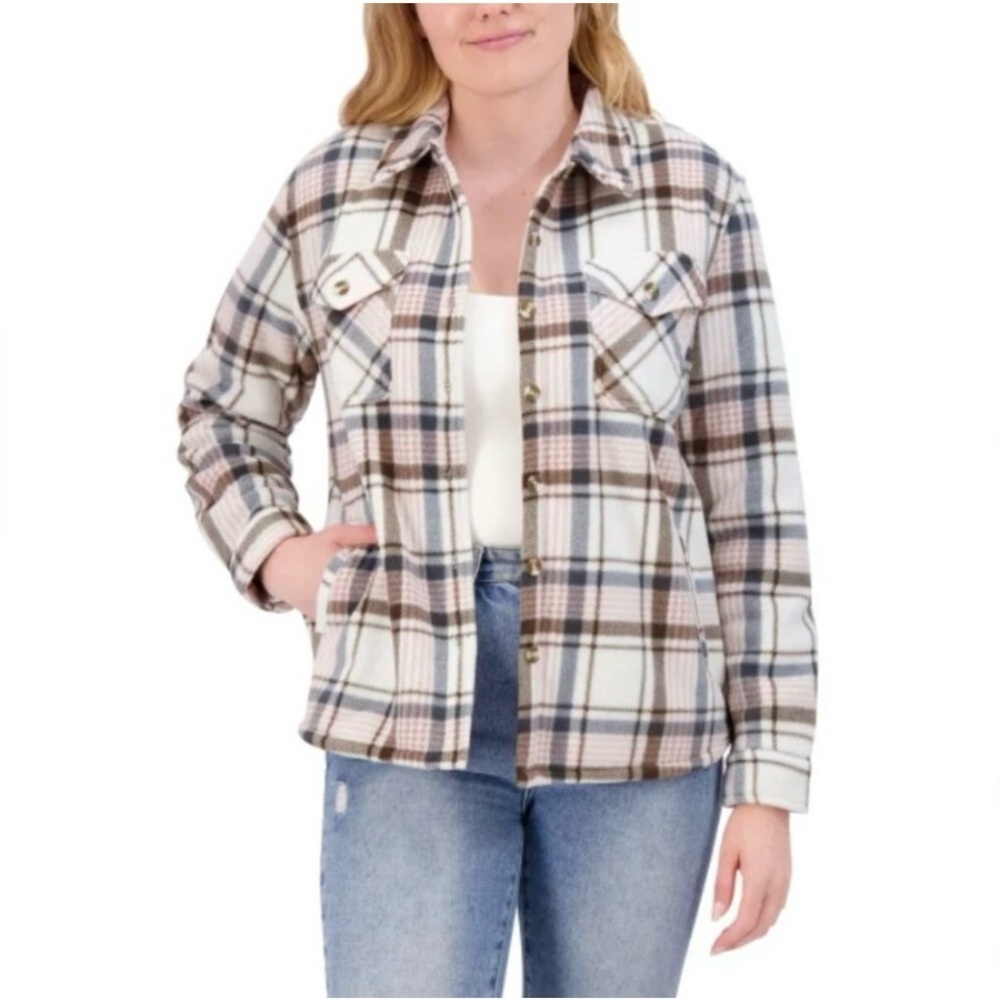 SAGE Ladies' Plush Shirt Jacket, Cream/Pink/Gray plaid size S